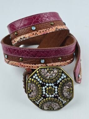 Leatherock Women's 36 triple Leather Pink Brown & Snakeskin Large Jeweled Buckle